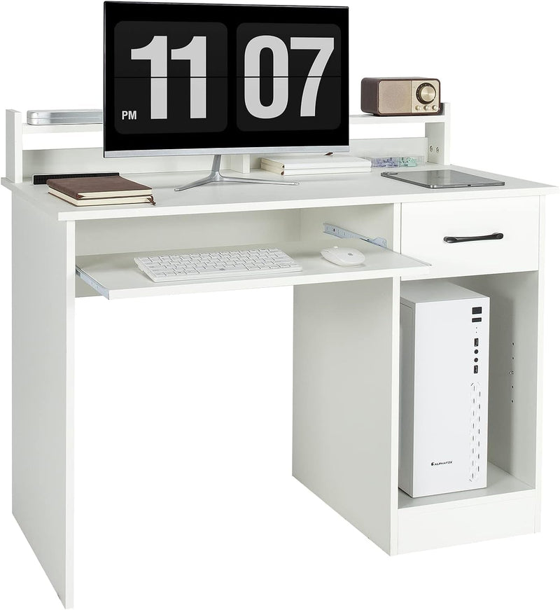 COSTWAY Computer Desk with Hutch, Home Office Desk with Drawer, Adjustable Shelf & Keyboard Tray, Study Writing Desk, Executive Workstation for Living Room, Bedroom & Study (White)