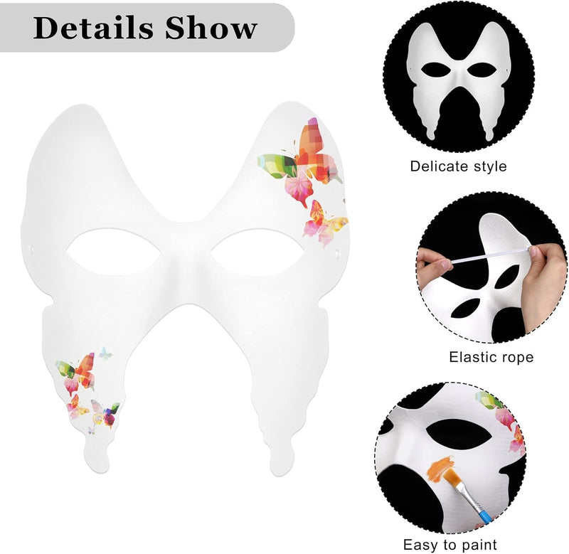 Elcoho 24 Pieces White Paper Masks Half Face Masquerade Masks DIY Hand Painted Masks with Tether Acrylic Paints Brushes Mardi Gras Masks for Halloween, Cosplay Party