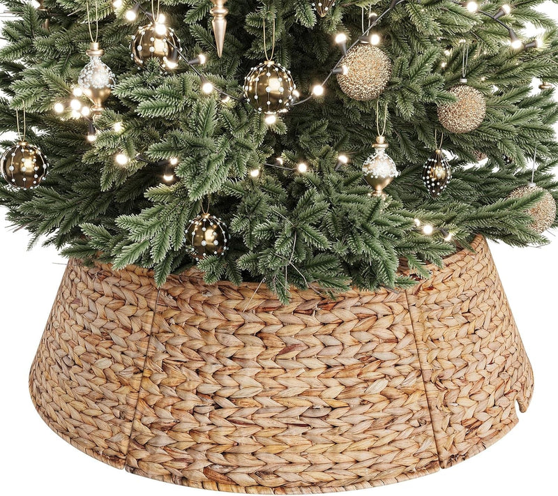 ELYKEN 33-Inch Woven Rattan Christmas Tree Collar, Stylish Hyacinth 6-Piece Tree Skirt for Artificial Trees, Wicker Tree Base Cover with Cord Cut-Out for Home Decor, Living Room Display, Natural