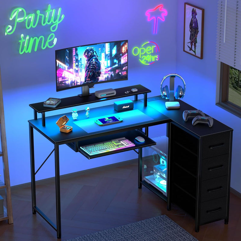 Black L Shaped Desk with Drawers, Corner Desk with LED Light & Power Outlet, 47" Computer Desk with Monitor Stand & CPU Stand, for Home Office Small Space