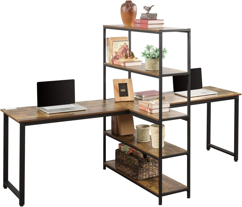 Home Office Two Person Computer Desk with Shelves, Extra Large Double Workstations Office Desk with Storage Shelves (Brown)