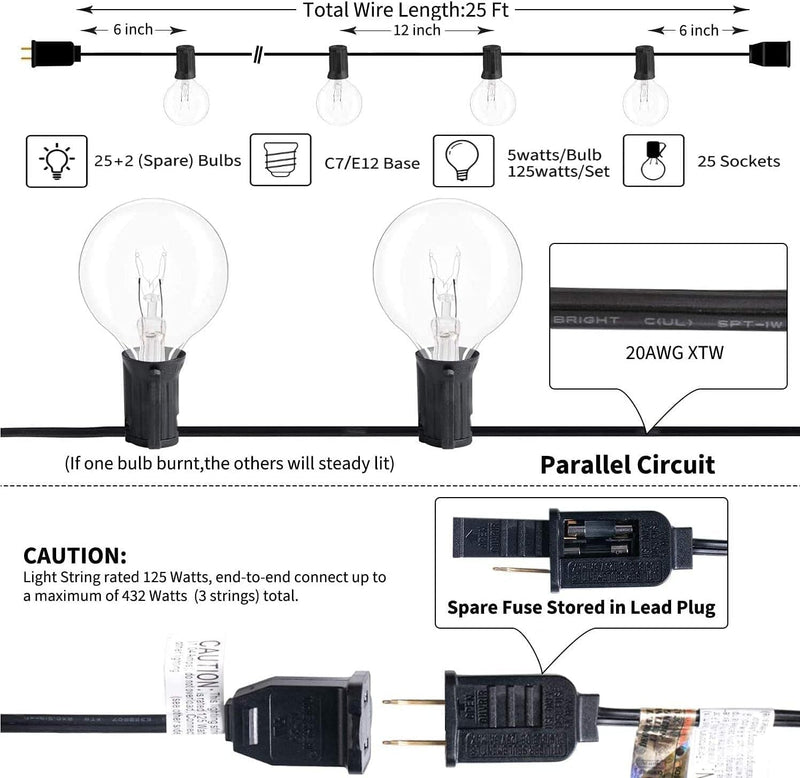 G40 Outdoor Globe String Lights, 25Ft Hanging Patio Lights with 27 Incandescent Bulbs (2 Spare), Connectable Backyard Lights UL Listed for Indoor Outdoor Bistro Wedding Decor, E12 Base, 5W-Black Wire