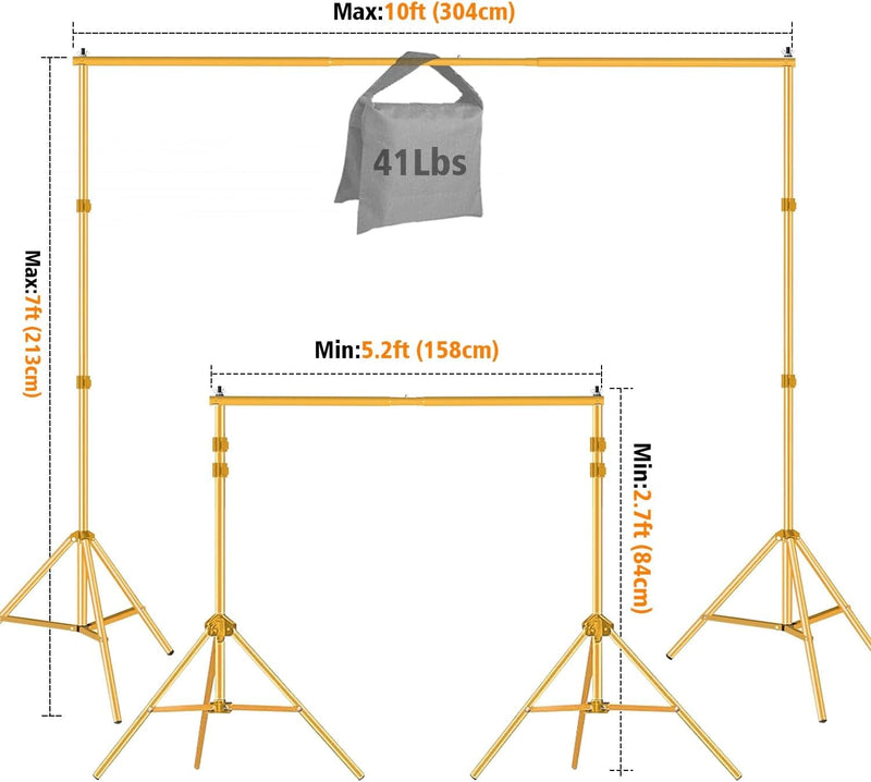 10Ft X 7Ft - Gold Adjustable Photography Backdrop Support System Photo Video Studio Background Stand Kit with Carry Bag for Portrait & Studio Photography