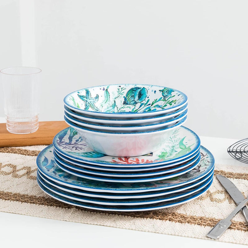 12-Piece Melamine Beach Dinnerware Set, Coastal Plates and Bowls Sets, Oceanic Sea Life Dish Sets for 4, Great for Indoor Outdoor Dining on the Beach, RV, Camping or Cabin