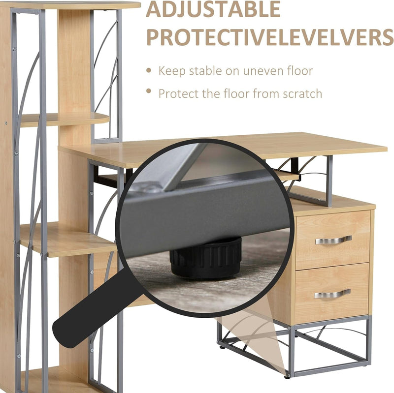 HOMCOM Modern Computer Desk with 4-Tier Bookshelf, Home Office Writing Table Workstation with Tower Storage Shelves Keyboard Tray & Lockable Drawers, Natural