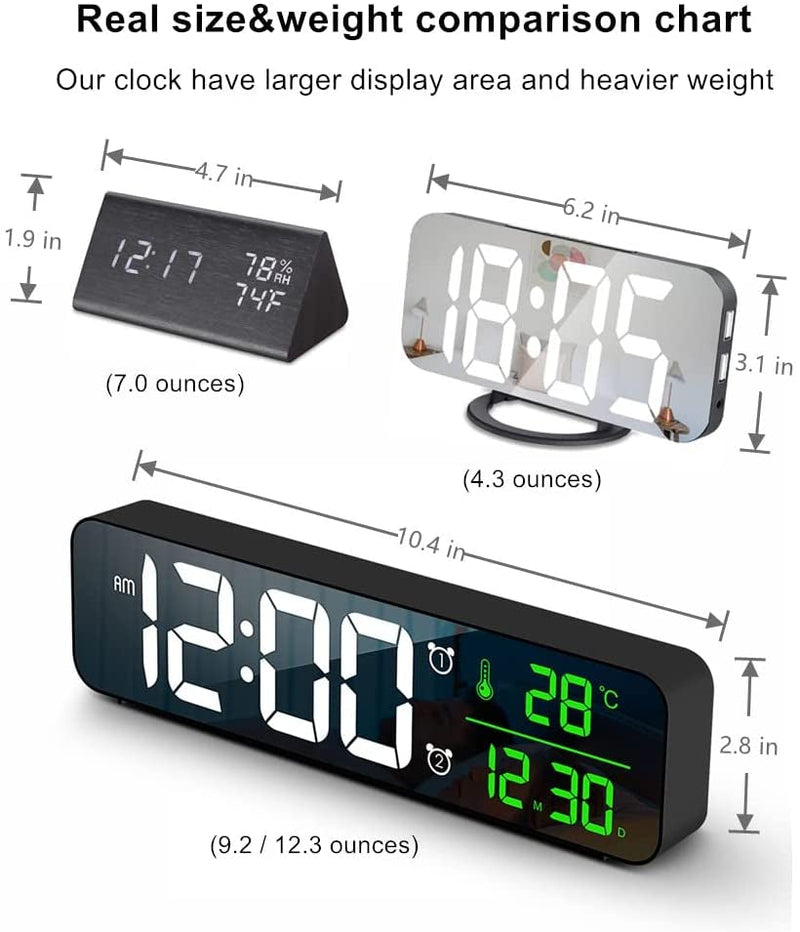 Digital Large Display Alarm Clock for Living Room Office Bedroom Decor LED Electronic Date Temp Display Wall Electric Clocks Automatic Brightness Dimmer Smart Cool Modern Desk Accessories Black