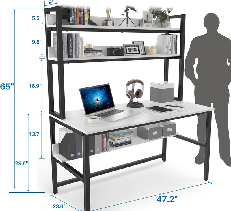 Aquzee Computer Desk with Hutch and Bookshelf, 47 Inch Wide White Home Office Desk with 3 Tier Storage Shelves, for Study Writing Work, Easy Assemble