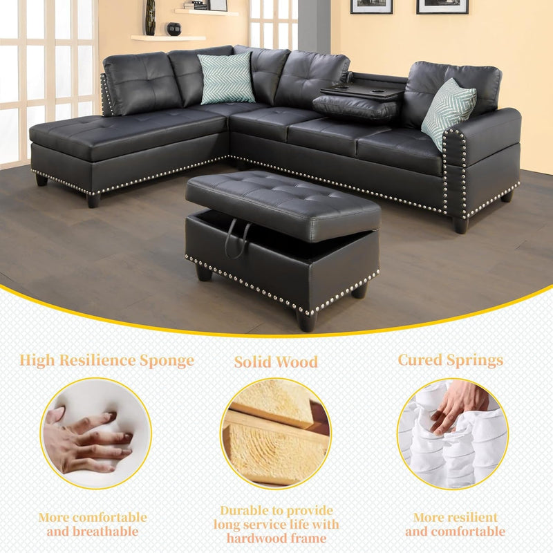 3-Piece Sectional Sofa Sets with Storage Ottoman and Cup Holders, Tufting Upholstered Backrest, 6 Seat Corner L-Shape Faux Leather Couch with Chaise for Living Room Furniture Office, 98 Inch