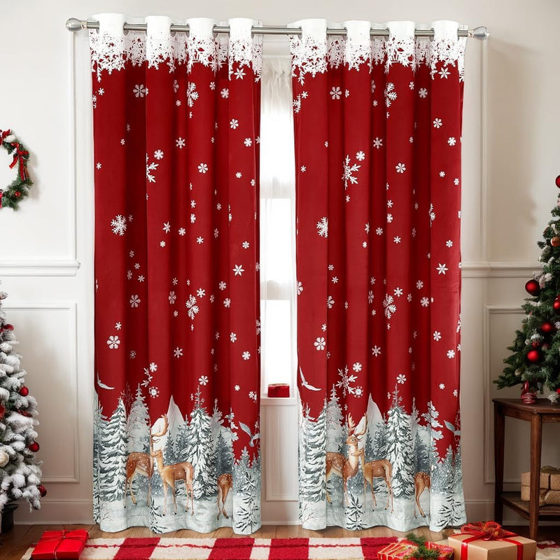 CAROMIO Christmas Curtains for Living Room 2 Panel Sets, Red Velvet Window Curtains 84 Inches Long, Floral Snowflake Decoration Curtains, Thermal Insulated Room Darkening Curtains, 52 X 84 Inches