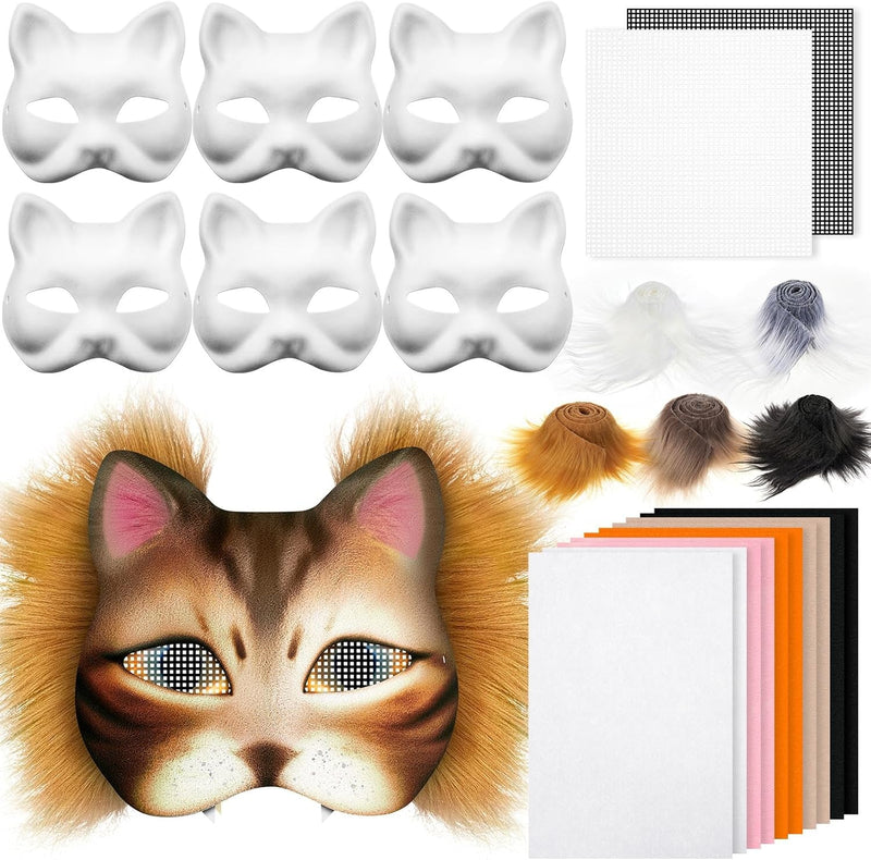 DIY Therian Mask Kit Blank Cat Mask with Felt Fabric Sheet Plush Faux Fur Eye Mesh for Therian Gear Therian Stuff