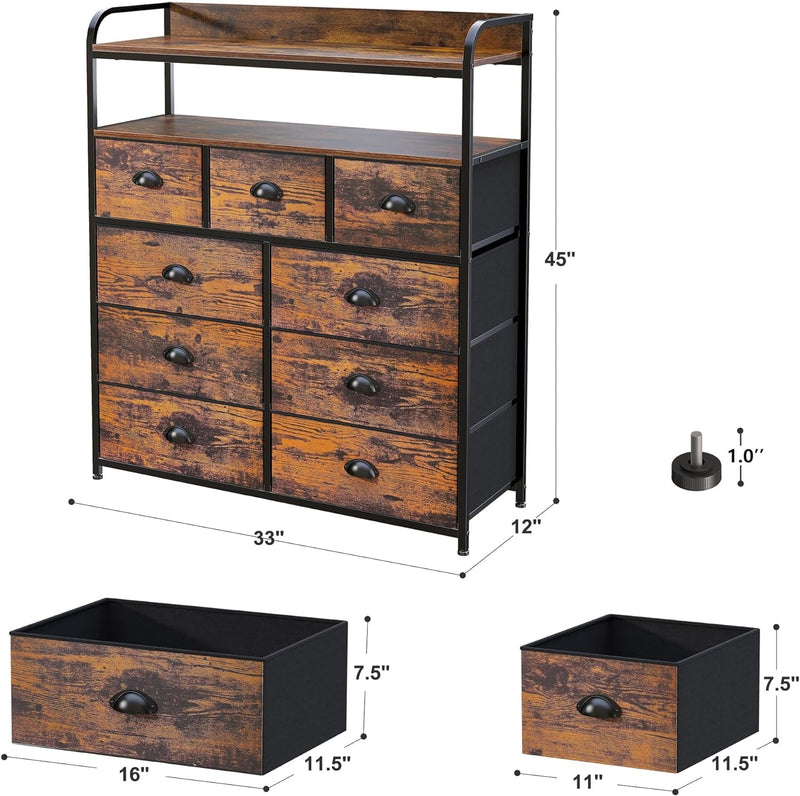 Enhomee Dresser, Tall Dressers for Bedroom with 9 Drawers, Dressers & Chests of Drawers for Bedroom with 2 Open Shelves and Metal Frame, Large Tall Bedroom Dresser for Bedroom, Closet, Rustic Brown