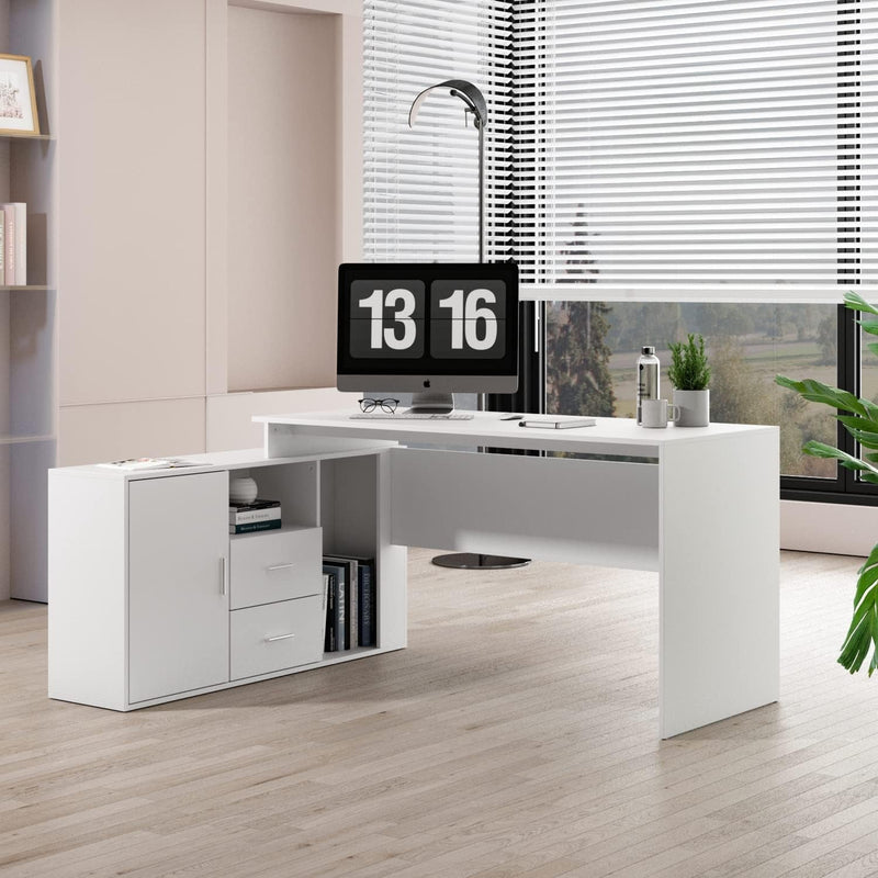 Homsee Home Office Computer Desk Corner Desk with 2 Drawers and 2 Open Cubes, 55 Inch Large L-Shaped Study Writing Table with Storage Cabinet, White (55.1”L X 47.2”W X 29.5”H)