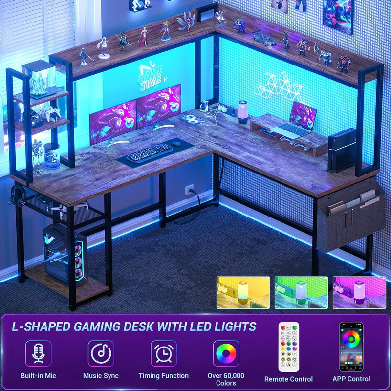 Aheaplus L Shaped Gaming Desk, Reversible L Shaped Desk with Power Outlet and Led Lights, Gaming Desk Corner Computer Desk with Hutch, Monitor Stand and Storage Bag for Home Office, Rustic Brown
