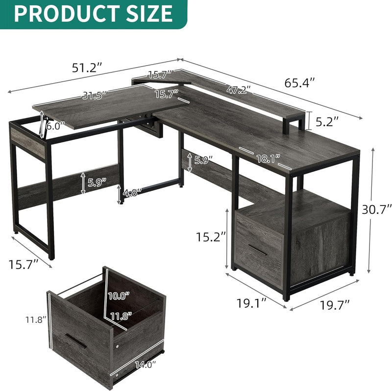 DWVO L Shaped Desk with Lift Top, 65" Adjustable Standing Desk with File Drawer, Corner Computer Desk with Storage Shelves,Home Office Desk, Grey