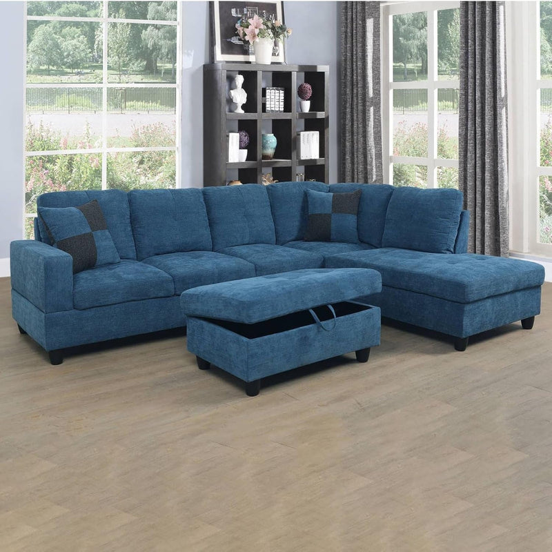 3-Piece L Shape Sectional Sofa, with Left Chaise, Storage Ottoman and Button Tufted Backrest, Modern Flannel Living Room Couch Set for Office and Apartment, 103.5Inch, Blue