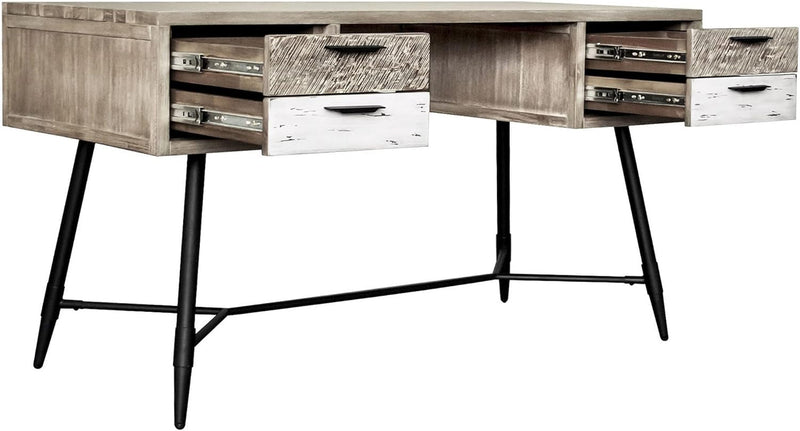 Benjara Aliz 55 Inch Modern Acacia Wood Office Desk, 4 Drawers, Metal Legs, Brown and Black