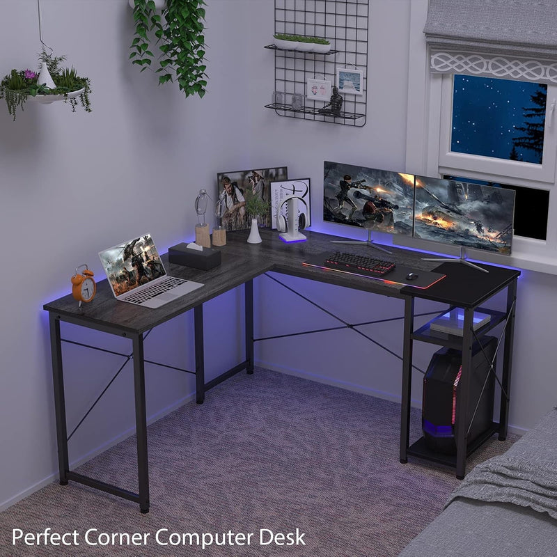 Homfio L Shaped Desk Computer Office Desk with Shelves Corner Computer Desk Large Gaming Table Industrial Simple Desk Workstation for Home Office Study Writing Table, Black Oak and Black