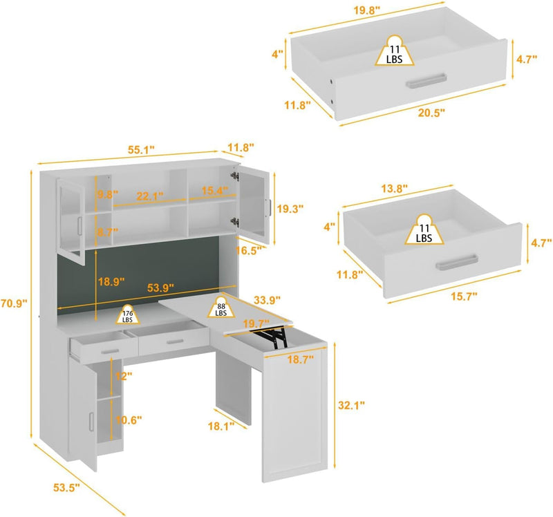 FAMAPY 53" L-Shaped Office Desk with Glass Doors & Drawers, Height Adjustable Office Desk, Corner Computer Desk Modern Executive Desk with Cabinets and Bookshelves, White, 55.1" D X 53.5" W X 70.9" H