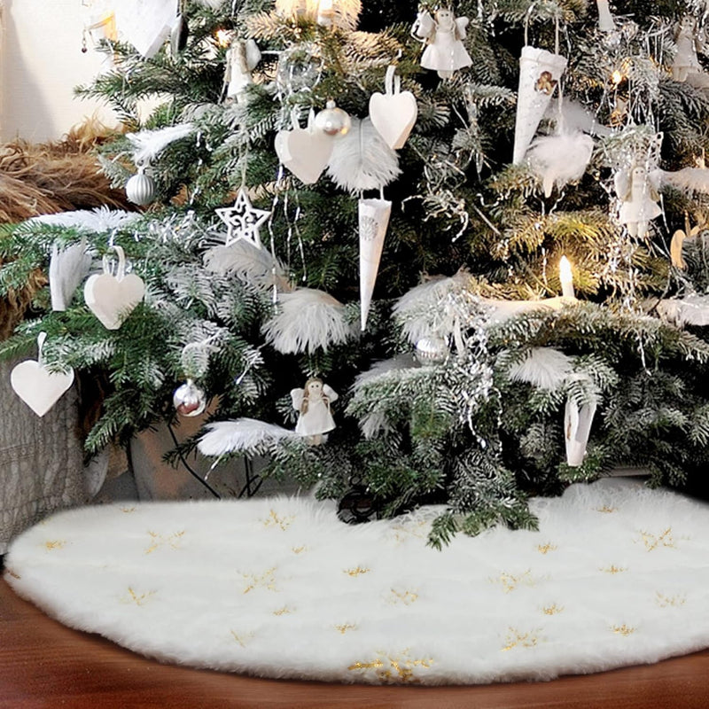 60 Inch Large Christmas Tree Skirt Snow White Soft Faux Fur Skirt with Golden Sequin Snow Flakes Xmas Holiday Home Party Decorations