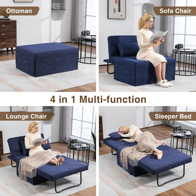 4 in 1 Sleeper Chair, Convertible Sleeper Sofa with Ottoman, Ottoman Bed Sleeper Chairs for Adults, Sleep Chair with Adjustable Backrest for Living Room Apartment Office, Jean Blue