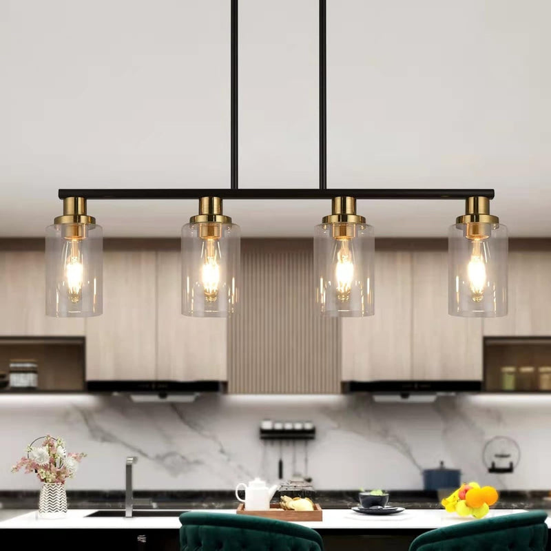 Dining Room Light Fixture,5-Light Farmhouse Linear Chandeliers for Dining Room over Table，Matte Black and Gold Finish Kitchen Island Pendant Lighting for Kitchen Island，Pool Table Light