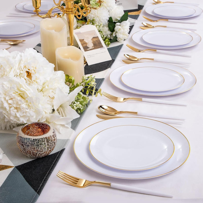 Dayammi 30 Guests Gold Plastic Plates with Disposable Silverware,Gold Cutlery with White Handle,White&Gold Disposable Dinnerware:60 Plastic Plates Gold Rim,90 Plastic Silverware Set for Party Wedding