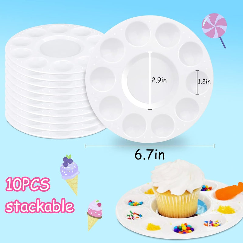 AIERSA Cupcake Decorating Plates for Kids Party, Kids Cupcake Holder Decorating Tray with 10 Wells for Dessert Sprinkles, Kids Birthday Party Supplies(Set of 10)