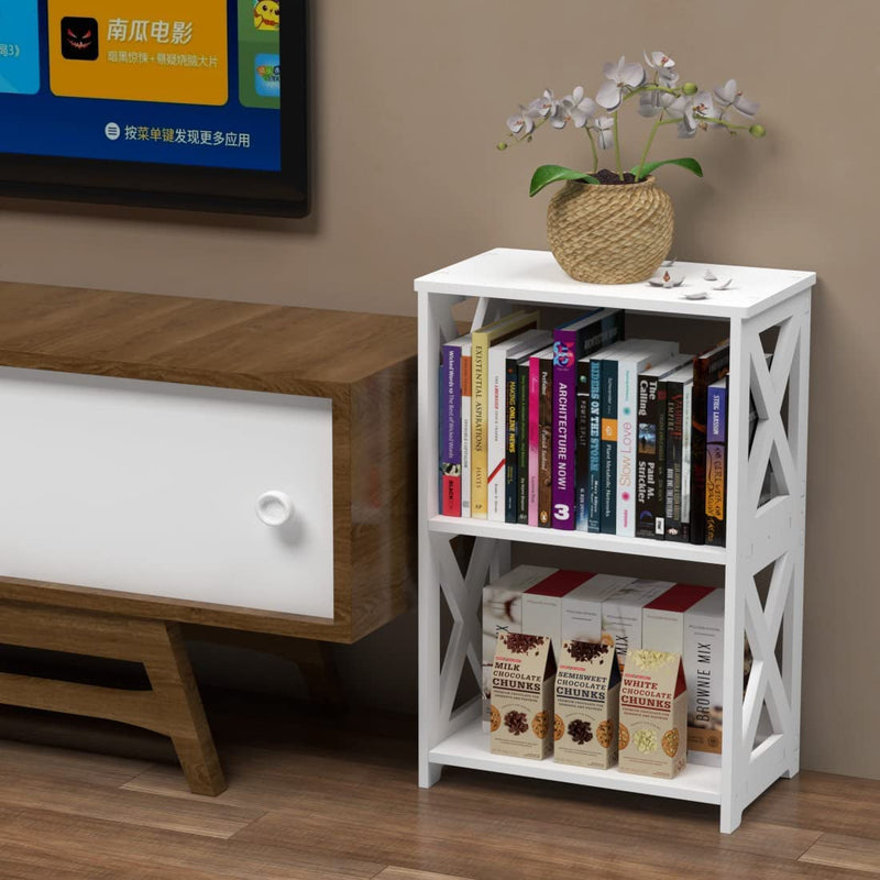 End Table & Side Table 3-Tier, 2 Shelf Small Bookcase, Bookshelf, Simple Nightstand, Bedside Table with for Bedroom, Bathroom, and Living Room Display Rack, White