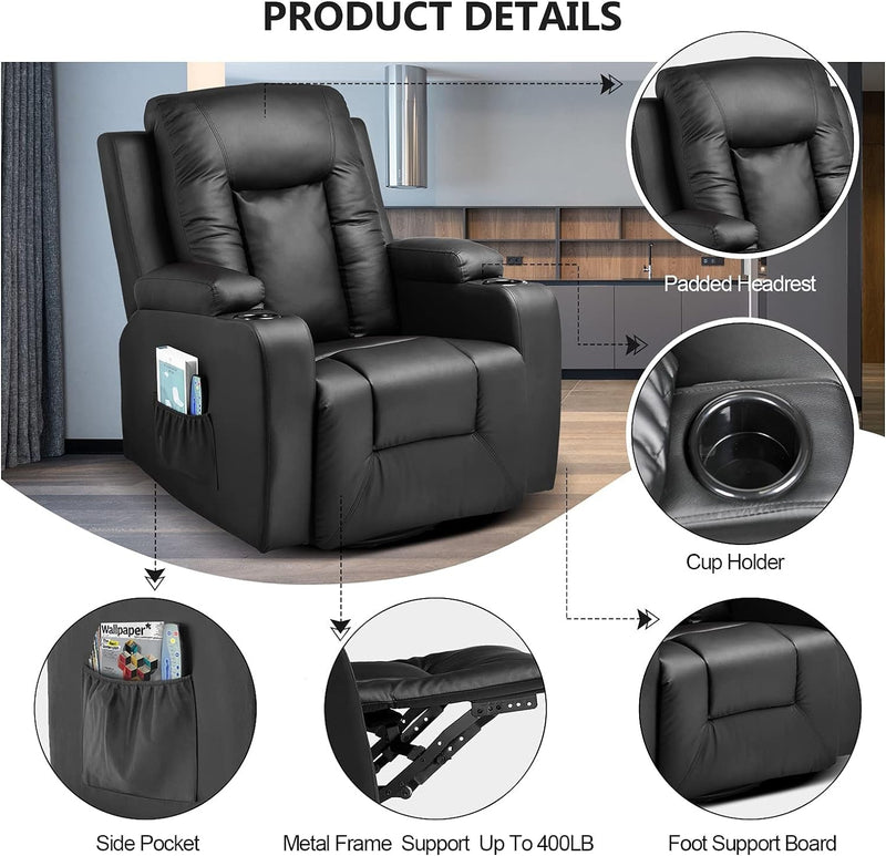 COMHOMA Leather Recliner Chair Rocker with Heated Massage Ergonomic Lounge 360 Degree Swivel Single Sofa Seat Drink Holders Living Room Chair Black