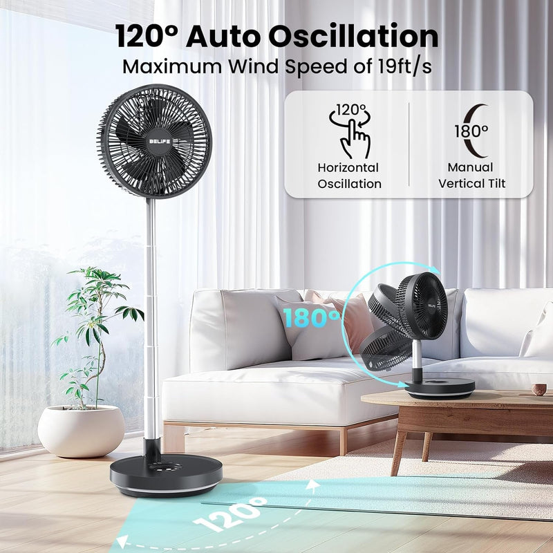 Belife X10 Portable Fan, Cordless 7200Mah Battery Operated Oscillating Fan, USB Rechargeable Desk Floor Fan with Remote & Timer & Light, Foldable Telescopic Fan for Home Bedroom Travel Camping (Black)