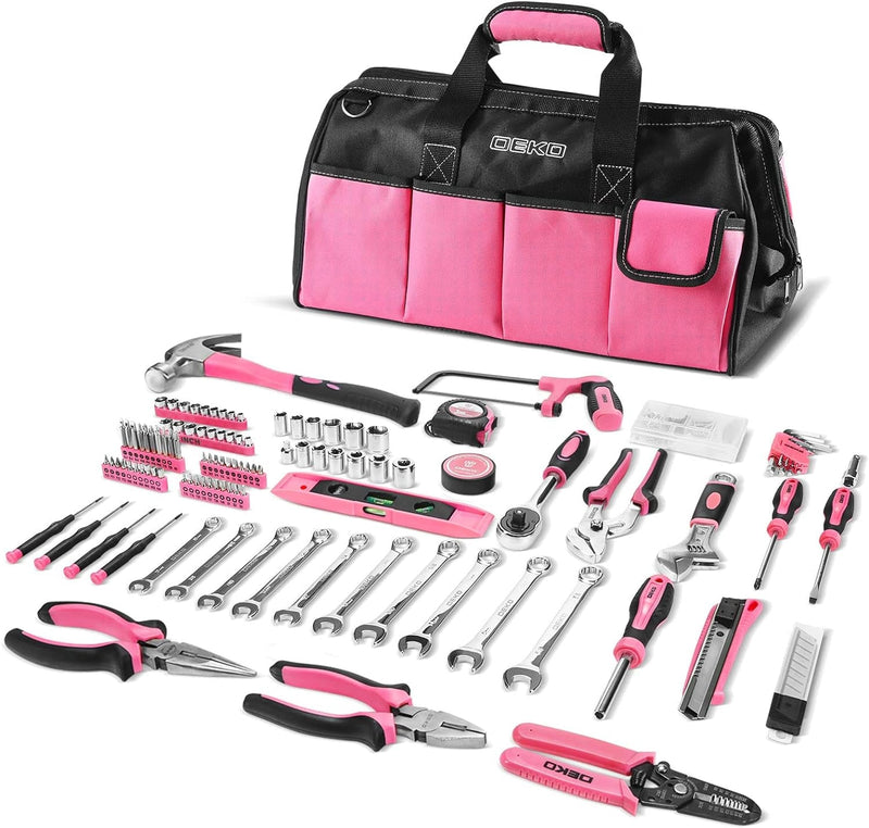 DEKOPRO Pink Tool Set for Women Ladies Girls, 226-Piece Household Hand Tool Kit with Wide Mouth Open Storage Tool Bag for DIY, Home and Equipment Maintenance