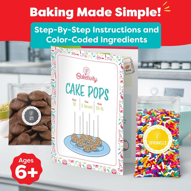 Baketivity DIY Cake Pop Baking Kit for Kids - Premeasured Ingredients, Decorating Supplies