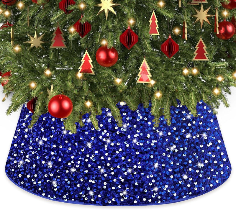 Blue Christmas Tree Collar 23.6 Inch Sequin Velvet Christmas Tree Skirt Christmas Tree Stand Base Cover for Xmas Tree Ring Christmas Tree Base Box Sparkle Tree Collar Skirt for Home Decor