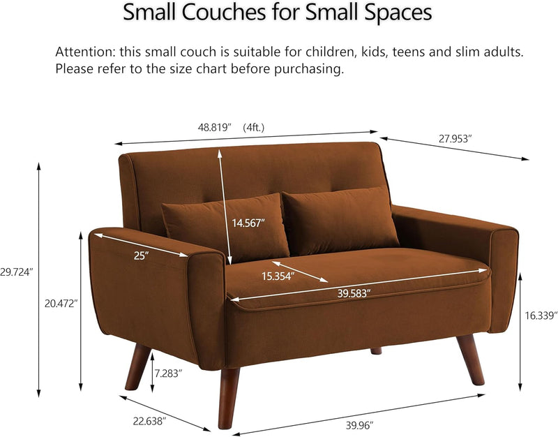 48" Small Loveseat Sofa, Mid Century Modern Love Seat Couch, 2 Seat Tufted Couches with Throw Pillows for Living Room, Apartment, Bedroom and Small Spaces, Orange
