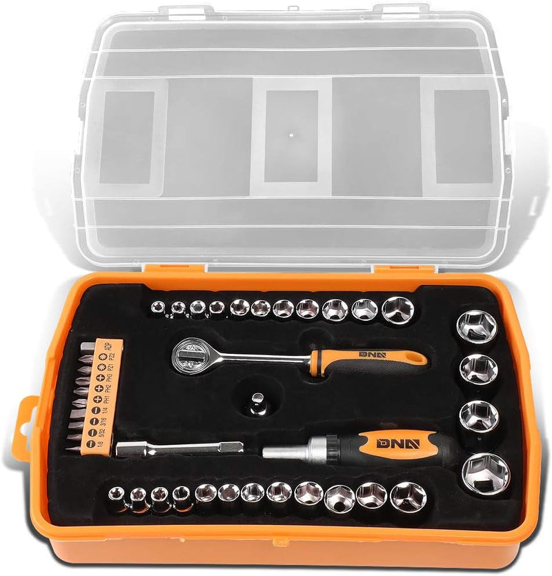 DNA Motoring TOOLS-00032 18 Piece Mechanic'S Home Repair Tool Set, Includes Pliers, Wrench, Hex Keys, Screwdrivers, Scissors, and Tape Measurer, 1 Kit, Orange/Black