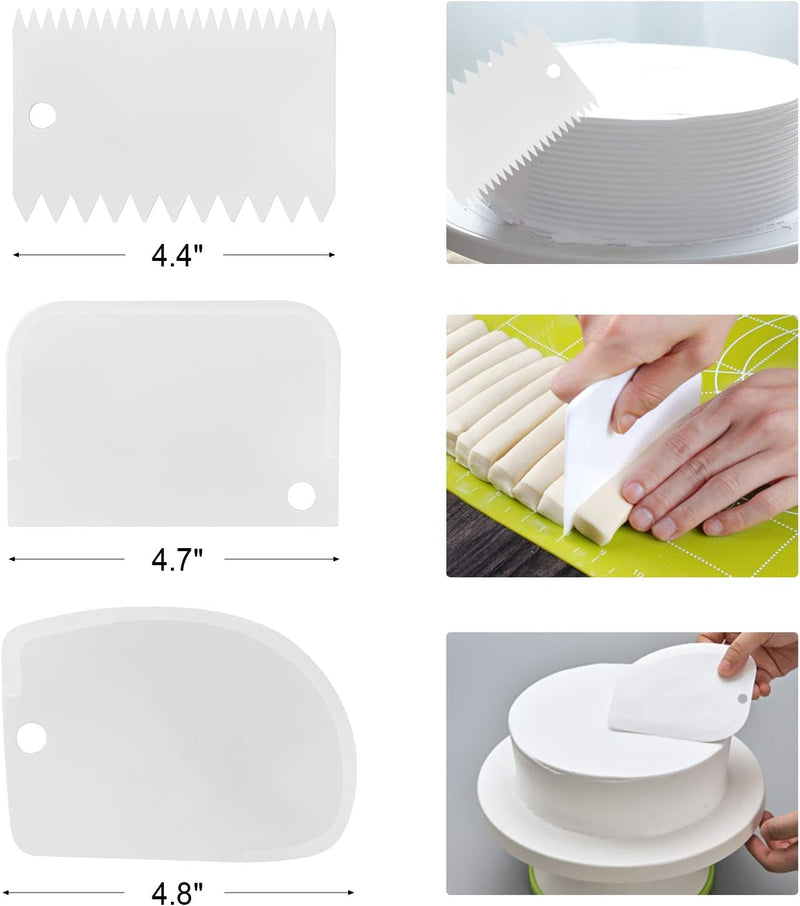 4 Packs Offset Spatula, Stainless Steel Cake Icing Spatula Set 4” 6” 8” 10”With Wooden Handle and 3 Packs Cake Smoother Scraper Set for Cake Decorating, Baking (Angled)