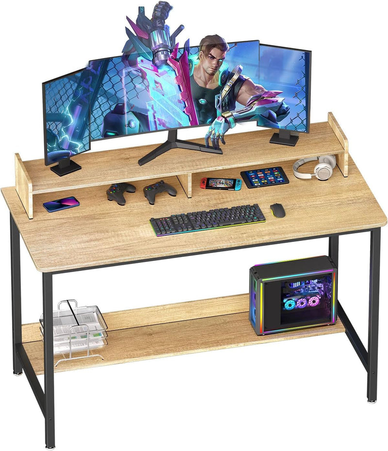 Computer Desk with Shelves, 43 Inch Gaming Writing Desk, Study PC Table Workstation with Storage for Home Office, Living Room, Bedroom, Metal Frame, Rustic.