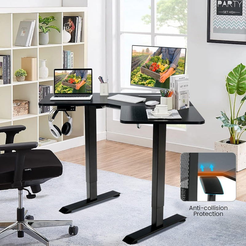 COSTWAY L Shaped Electric Adjustable Desk, L-Shaped Standing Computer Desk W/Splice Tabletop, 2 Hooks & Rolling Casters, Sit-Stand Corner Desk W/ 4 Memory Positions for Home Office (Black)