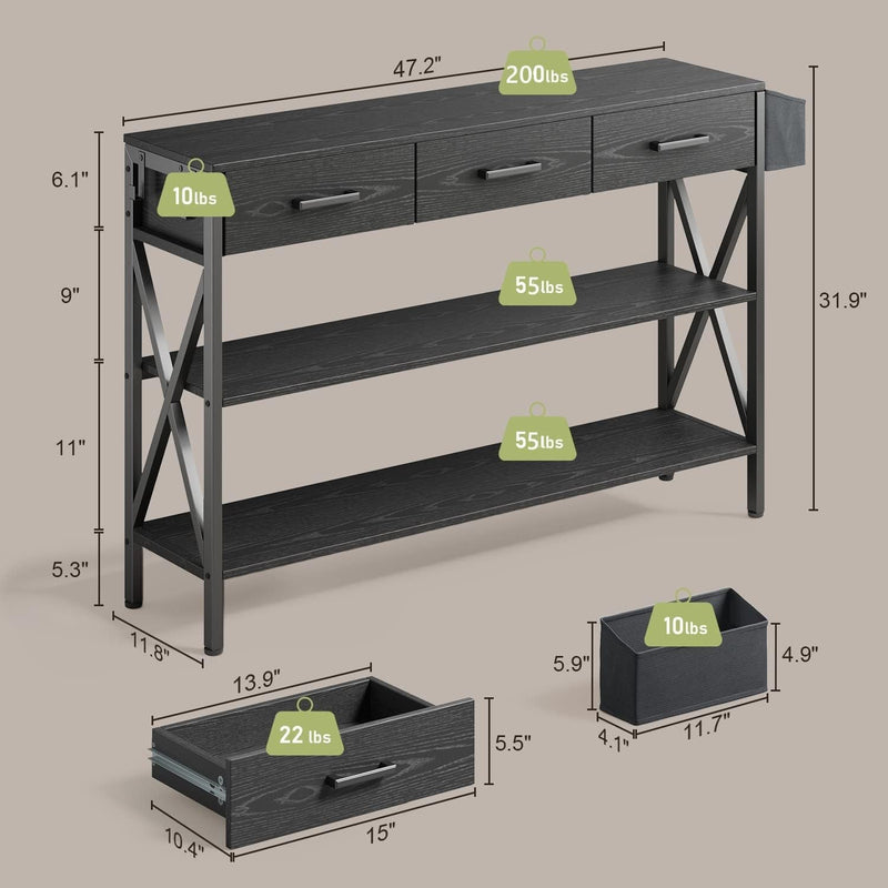 Gizoon 47" Console Table with 3 Drawers, Industrial Entryway Table with 3 Tier Storage Shelves, Narrow Long Sofa Table for Entry Way, Hallway, Couch, Living Room, Kitchen, Black