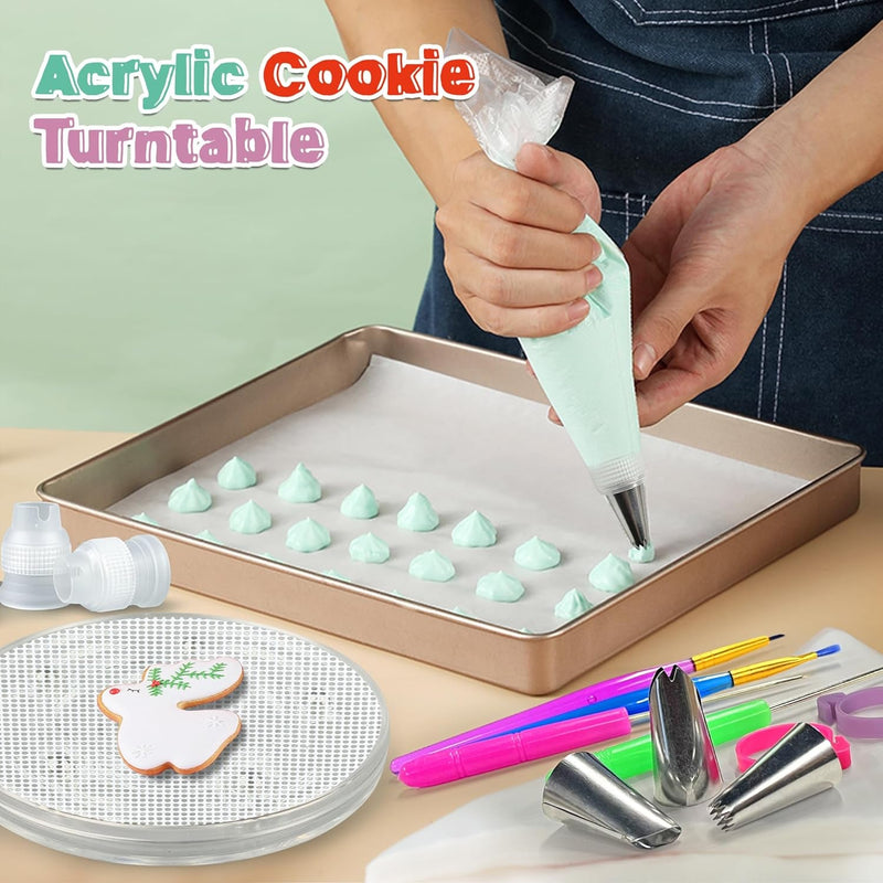 56 PCS Cookie Decorating Kit Supplies Including Acrylic Cookie Turntable Cookie Decoration Brushes Cookie Scribe Needle Piping Bags Icing Tips for Cookie Cupcake Cake Decoration