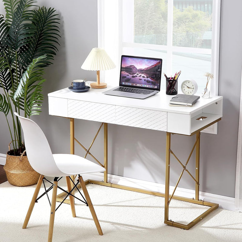 Computer Desk with Drawers, 42 Inch Home Office Desk with Power Outlets, Modern Writing Desk, Vanity Desk with Storage, White & Gold