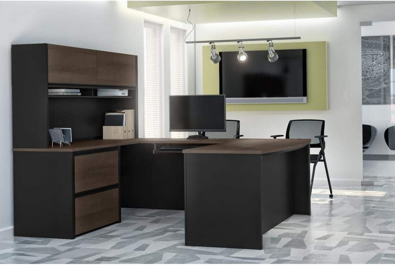Bestar Connexion U-Shaped Executive Desk with Lateral File Cabinet and Hutch, 72W, Antigua & Black