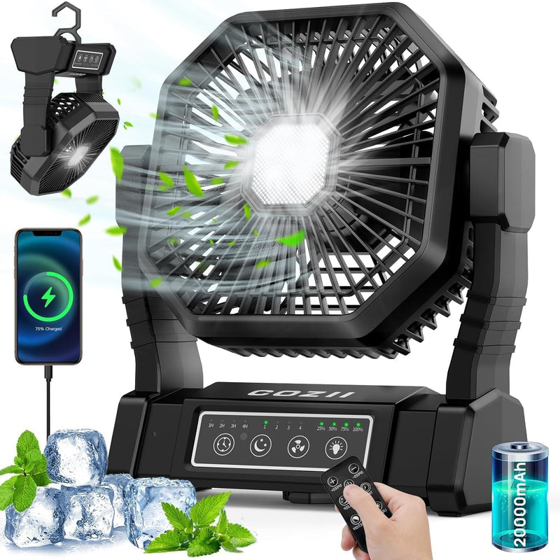 20000Mah Battery Operated Fan - Camping Fan Rechargeable with 3 Colors Light, 4 Speeds, 4 Timing, Adjustable Head, Portable Battery Powered Tent Fan with Hanging Hook for Picnic, BBQ
