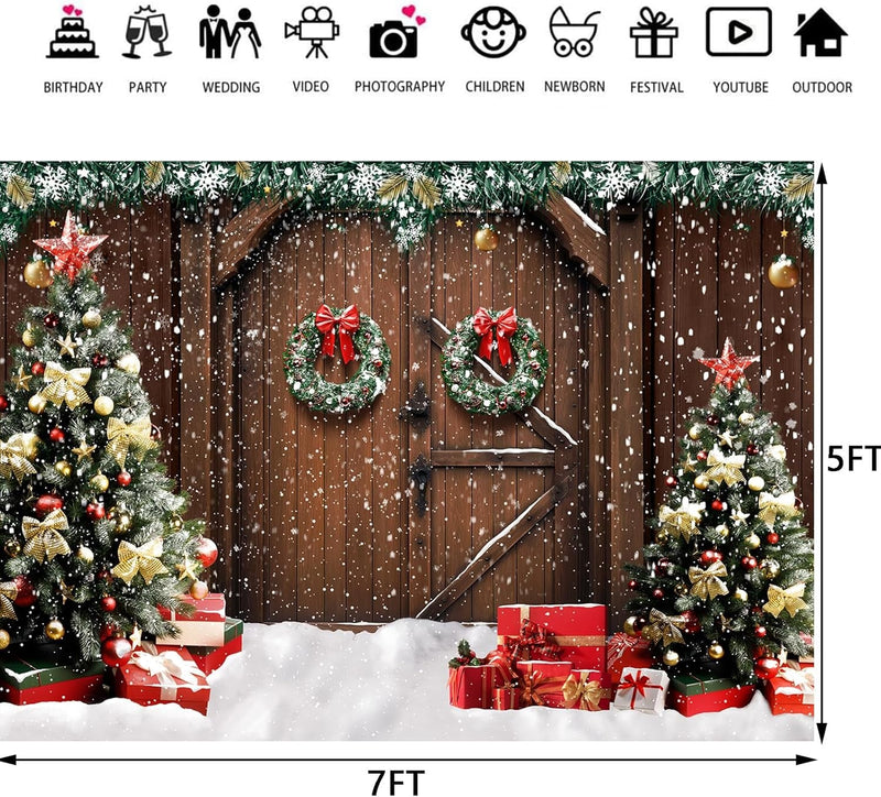 5X7Ft Christmas Backdrop Rustic Barn Wood Door Party Photography Backdrop Background Xmas Family Tree Snow Gift Wall Floor Party Decorations Supplies Photo Studio Props Pictures