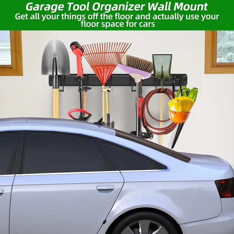 Garage Organization, Garage Tool Organizer Wall Mount with 48 Inches Rails and 6 Double-Layer Hooks, Garden Tool Rack Heavy Duty, Garage Hanging Storage Rack for Yard Tools, Shovel, Shed