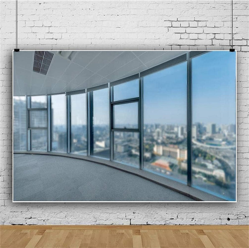 AOFOTO 7X5Ft Business Office Window Photography Background Blurry Glass Window Hazy City Buildings View Backdrop Coworking Adult Man Woman Artistic Portrait Photo Studio Props Video Drape Wallpaper