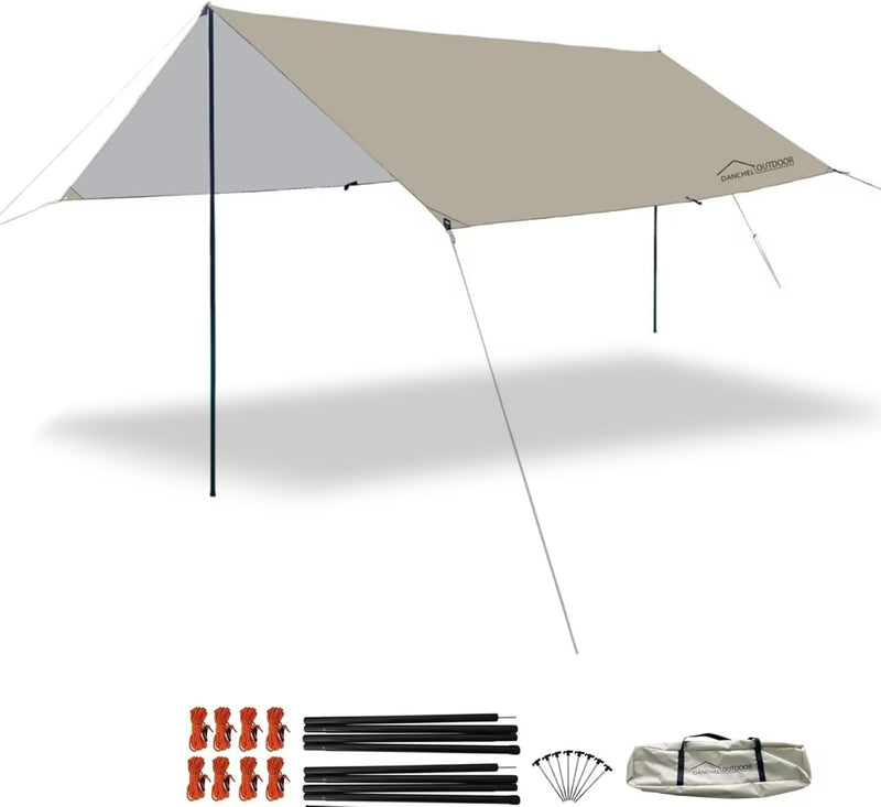 DANCHEL OUTDOOR Portable Tent Tarp Oxford Fabric with 2 Poles, Waterproof Rain Fly Shelter Awning Tent Canopy for B2 Yurt Glamping Accessories, Khaki 9.8X13Ft