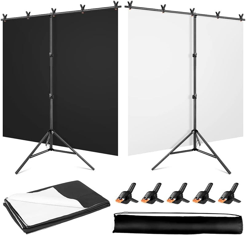 Black White Backdrop Screen with Stand Kit 5X6.5Ft for Photo Video Studio, 2-In-1 Revisible Black Backdrop White Screen with T-Shaped Photography Background Support Stand and 5 Backdrop Clamps