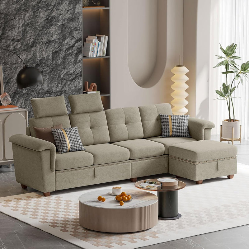 Convertible Sectional Sofa, Modern Microfibe High Back L Shaped Couch with Storage Chaise and Cup Holder 4 Seat Sofa Couches with Extra Headrests for Living Room, Apartment, Beige