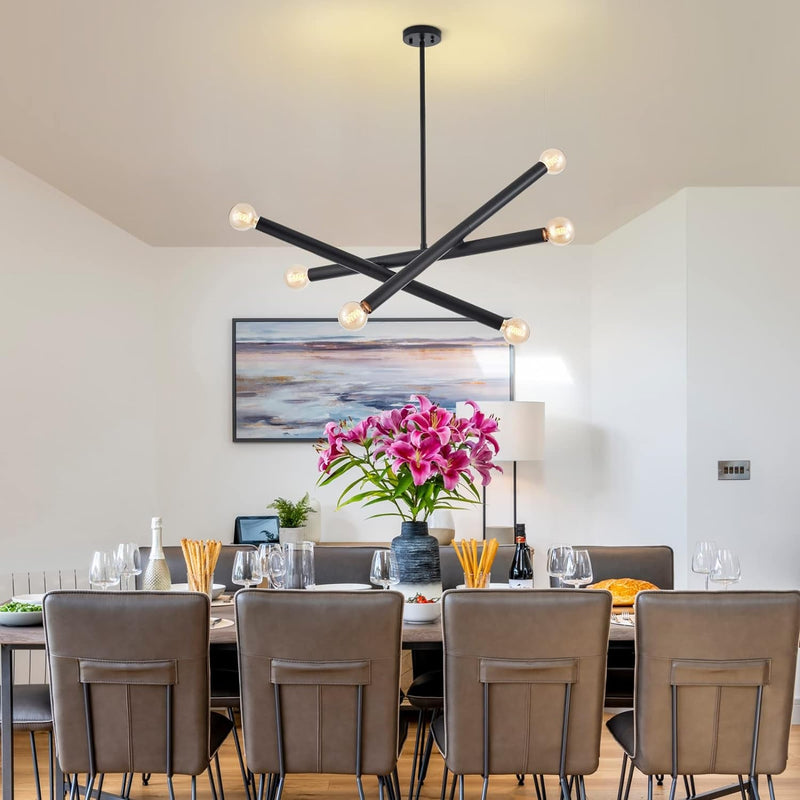 Black Sputnik Chandelier for Dining Room, Modern Pendant Light Kitchen, 6-Light Adjustable Hanging Light Fixture for Entryway Bedroom Foyer